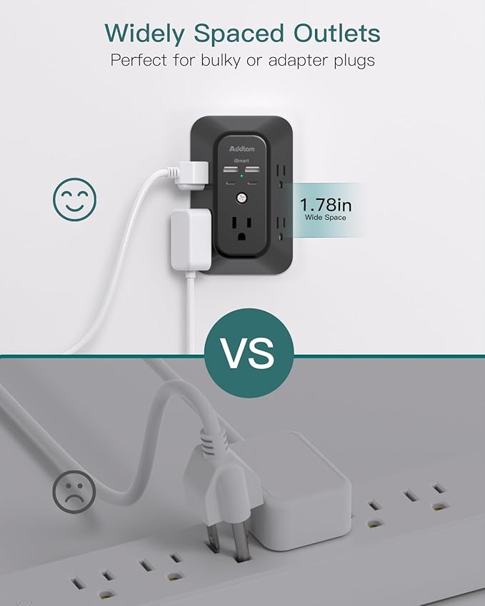 Surge Protector Outlet Extender, Addtam Multi Plug Wall Outlet with 4 USB Ports(2 USB-C), 3-Sided 1800J Power Strip Plug Extension Outlet Splitter, Black