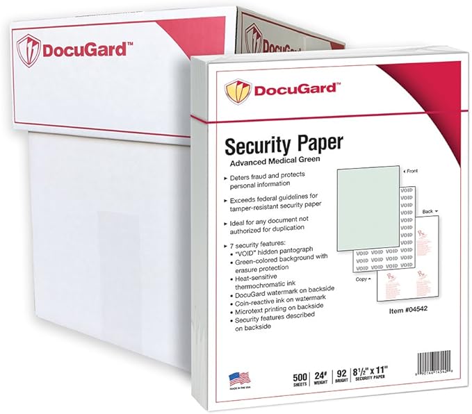 DocuGard Advanced Medical Security Paper for Printing Prescriptions and Preventing Fraud, CMS Approved, 7 Security Features, Laser and Inkjet Safe, Green, 8.5 x 11, 24 lb., 2500 Sheets (04542C)
