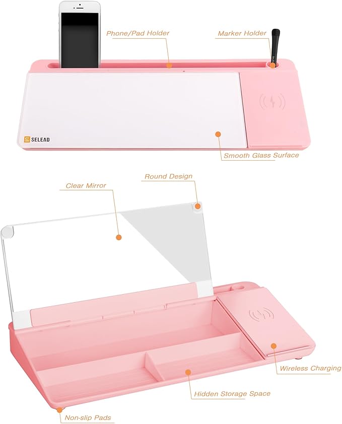 SELEAD Desktop Glass Whiteboard with Wireless Charger Station and Mirror, Desk Dry Erase Board Computer Pad Keyboard Stand with Organizer for Home, School, Office Accessories for Women, Pink