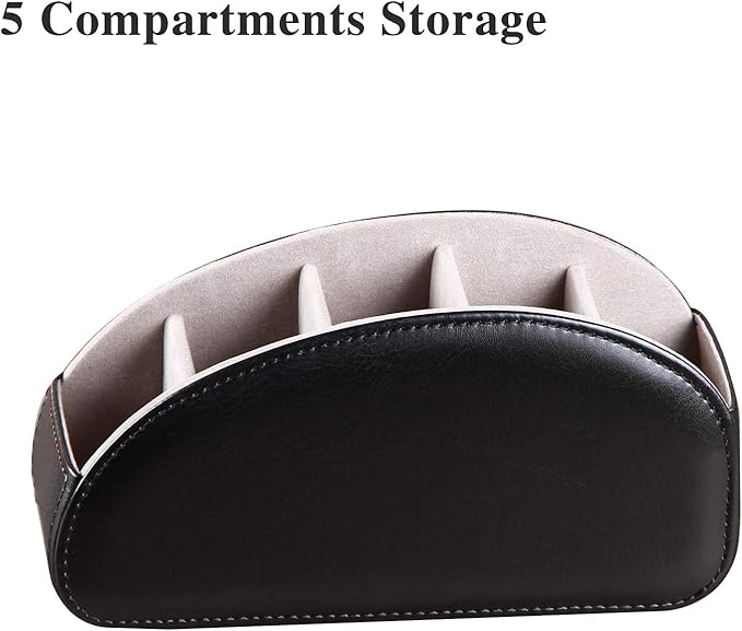 All-in-One Leather TV Remote Control Holder Black with 5 Compartments Nightstand Desktop DVD Media Player Remote Caddy Storage Box Organizer Tray For Makeup Brush Pen Stationary Table Controllers