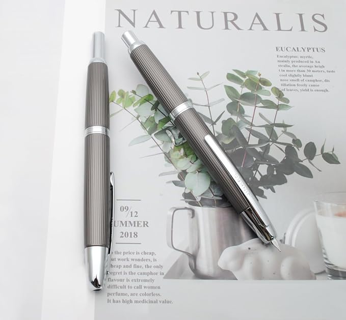 JINHAO 10 Press Fountain Pen, Retractable Metal Pen with Ink Converter (EF Nib 0.38mm, Striated Dark Gray)