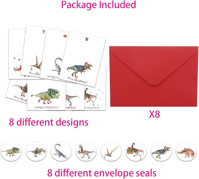Christmas Card Set - 8 Holiday Cards with Red Envelopes - 8 Different Dinosaur Designs, Perfect for Giving to Your Friends Who Love Dinosaurs.