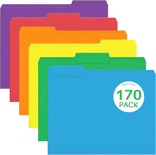 File Folder, PANDRI 170 Pack Colored File Folder, 1/3 Cut Tabs, Letter Size, Assorted 6 Colors Filing Folder for Office School Business