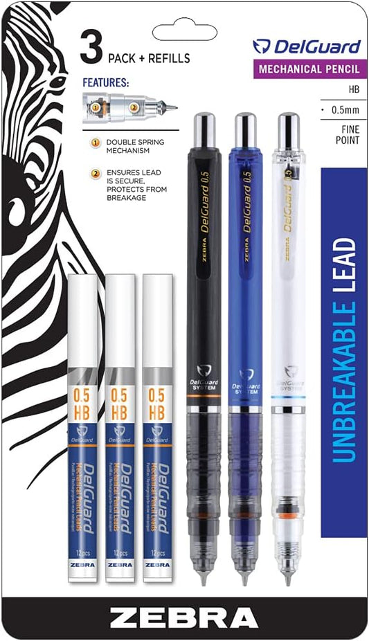 Zebra Pen DelGuard Mechanical Pencil, Fine Point, 0.5mm, Black/Blue/White Barrel, Lead Refills, Refillable, 3-Pack (58603)