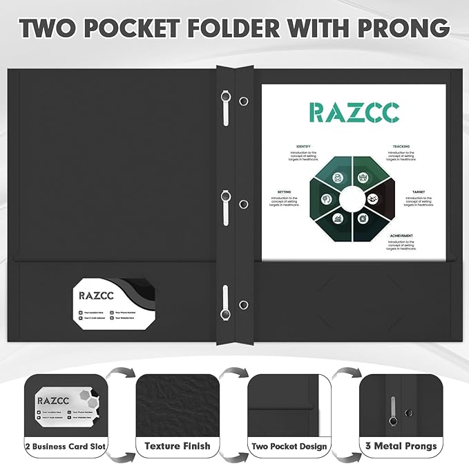 Two Pocket Folders, RAZCC 75 Pack Two Pocket Folders with Prongs, 3 Prong Folders Fit Letter Size Paper, Pocket File Folders for School Office Home Business, Black
