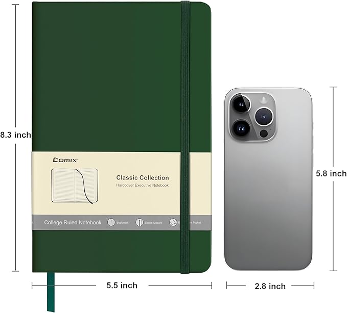 Comix 6 Pack Lined Journal Notebooks for Work, 240 Pages, 5.5"x8.3", Dark Green, Hardcover, A5 Medium College Ruled, Journaling Notebooks for Notes-Taking, Fits for Office School Home