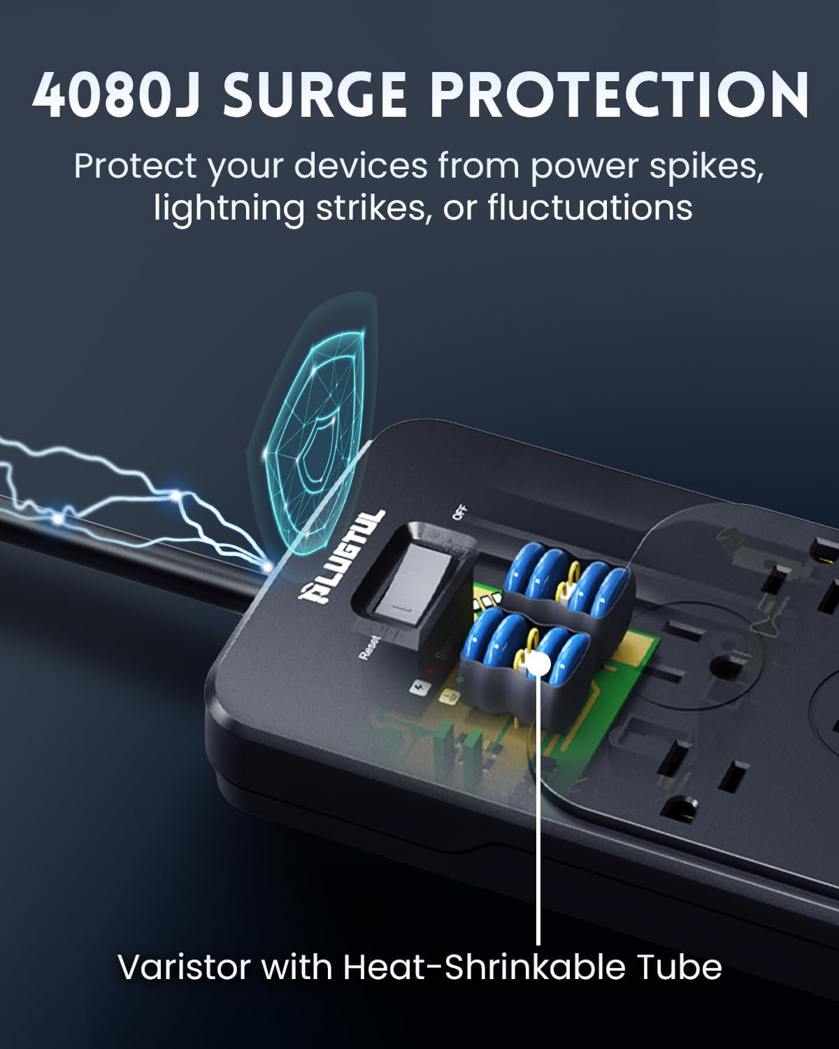 Surge Protector Power Strip 20FT(4080J), PLUGTUL Surge Protector with 12 Outlets - Spacious Design for Large Plugs, Flat Plug, 20W USB C Charging for Home, Office, ETL Listed