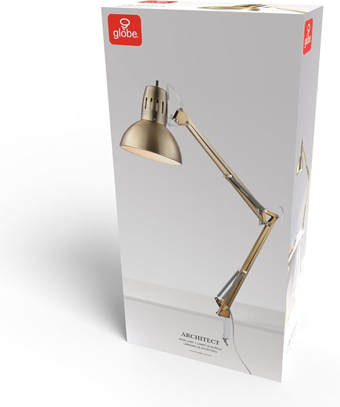 Globe Electric 62000010 32" Multi-Joint Desk Lamp with Metal Clamp, Matte Brass, White Accents, On/Off Rotary Switch on Shade, Partially Adjustable Swing Arm, Home Décor, Office Accessory