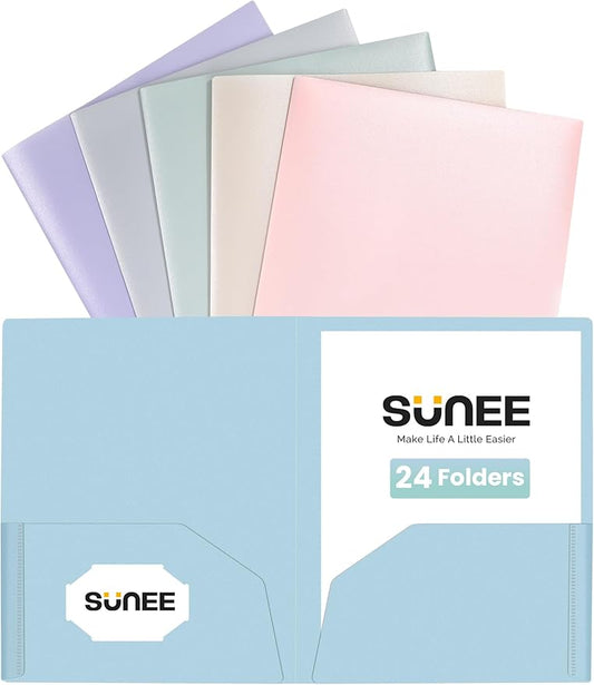 SUNEE 2 Pocket Folders (24 Pack, Pastel Colors) Heavy-Duty Plastic Folders with Pockets, Fit 8.5x11 Letter Size Paper, 2-Pocket File Folders for Kids, Home, School, Office