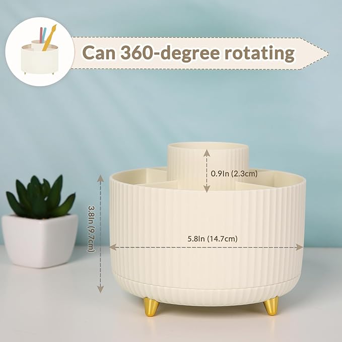 SKYDUE 360 Degree Rotating Desk Organizer, Dual-Purpose Pencil Pen Holder for Desk, Rotating Desk Pen Organizer with 5 Slots, Pencil Cup for Office, School, Home Beige