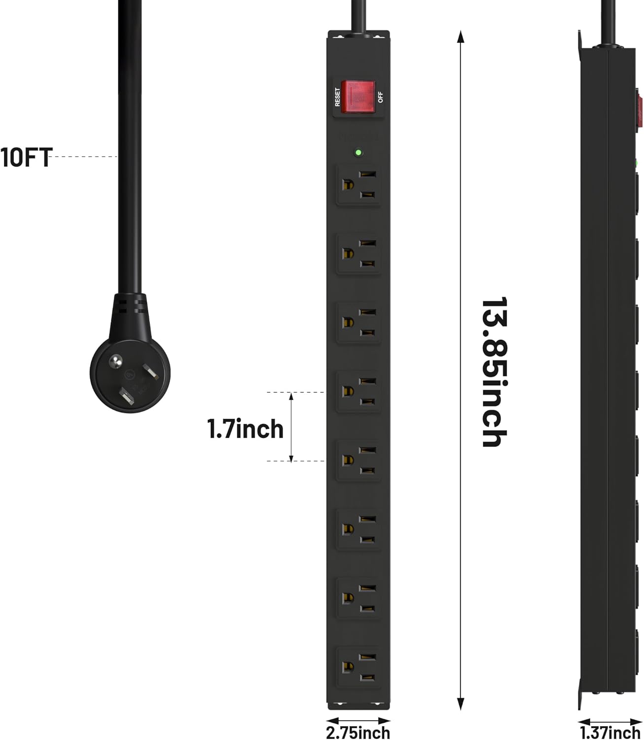 KF 8 Outlet Heavy Duty Power Strip Surge Protector, 2100J Surge Protection Power Strip, 15A/1875W Mountable Power Strips with Upgraded Switch, 14AWG 10FT Power Cord