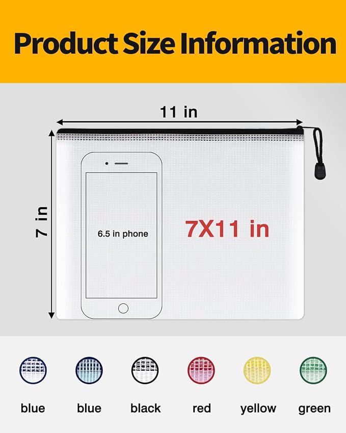 SUNEE Plastic Mesh Zipper Pouch 7x11 in (Black, 12 Packs), Small Water-Resistant Zip Bag for School Office Supplies, Pencil Organizing Storage