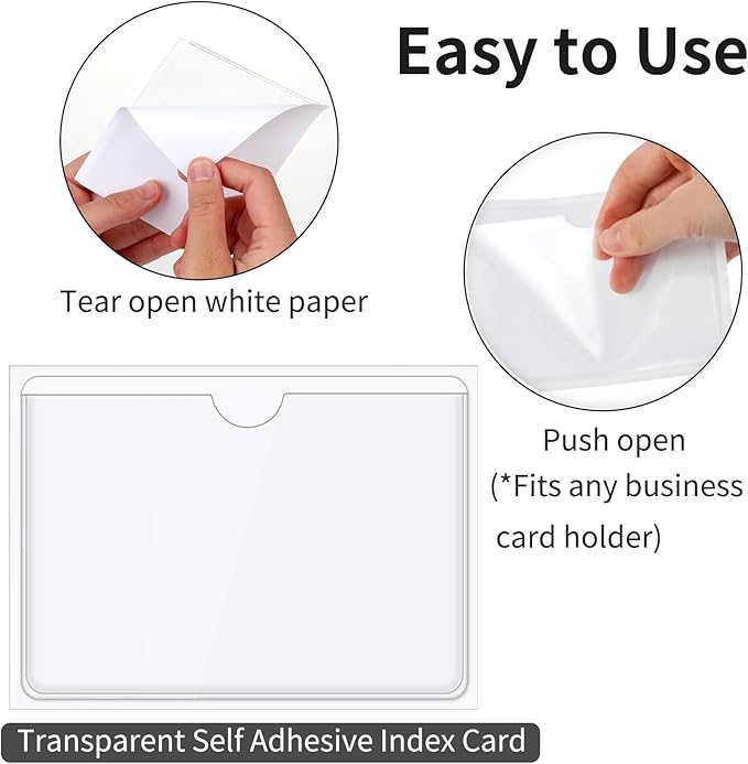 24 Pack Self-Adhesive Index Card Pockets for 3" x 5" Card,Clear Plastic Labels Holders with Top Open for Loading, Storage Bins, Library and Bins