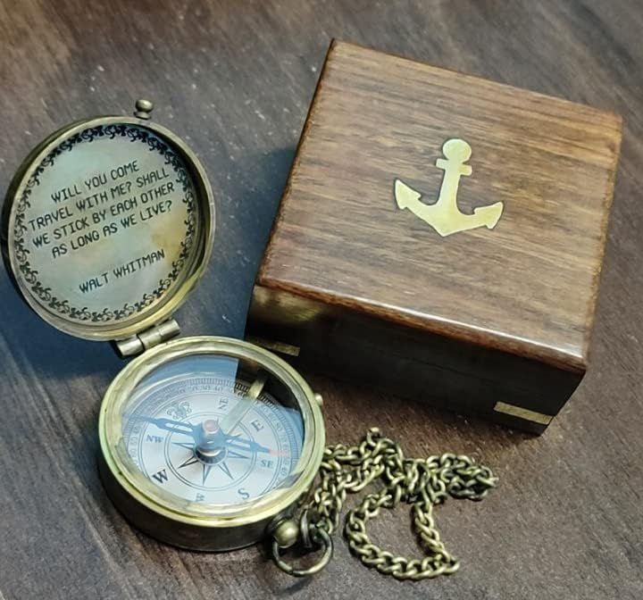 Will You Come Travel With Me? Shall We Stick By Each Other As Long As We Live? Vintage Quote Brass Compass with Wooden Box Scripture-WALT WHITMAN, Gifts Idea, Girls/Boys, Lovers, Husband, Wife, Fiancé