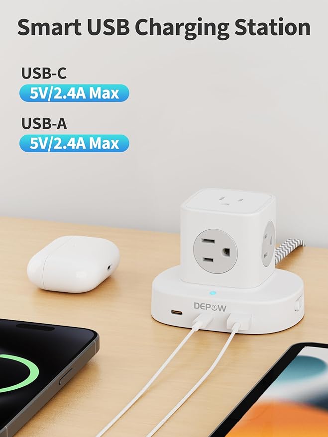 Power Strip Tower with USB-C, Small Surge Protector (1700J), 5 FT Extension Cord with 5 AC Outlet 3 USB Ports(2 USB C), Travel Charging Station with Overload Protection for Office, Dorm, Hotel