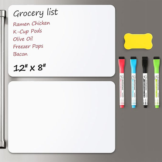 2 Pack Magnetic Dry Erase Board Sheet for Fridge, 12"x8" Erasable Refrigerator WhiteBoard w/ 4 Markers & 1 Eraser- Smooth and Flexible Small Magnet Blank Notepad for Home Kitchen Organizer and Planner