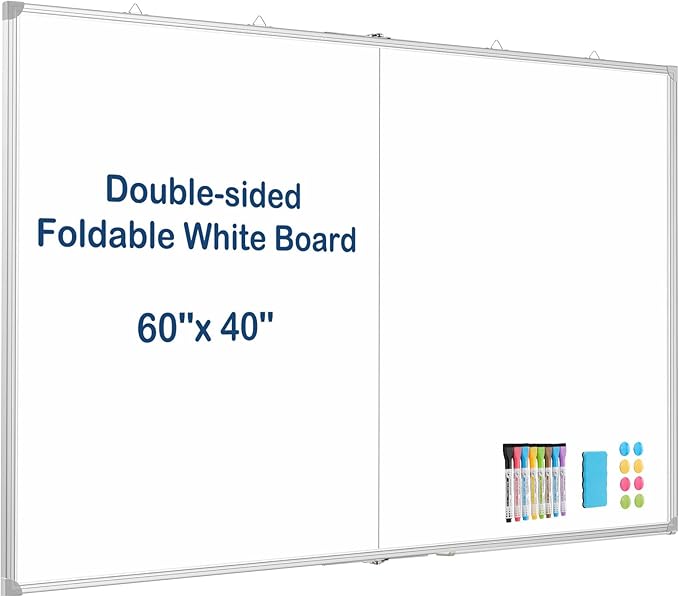 WALGLASS Large White Board Dry Erase Board, 60" x 40" Double-Sided Foldable Dry Erase Board for Wall, Magnetic Whiteboard for Office, Home, School, Kitchen