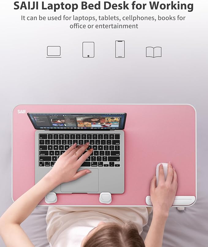 SAIJI Height & Angle Adjustable Laptop Stand, Lap Desk Bed Tray Table, Light Weight Foldable Portable Laptop Table for Couch, Sofa, Chair, Floor Desk for Adults, Kids (Pink)