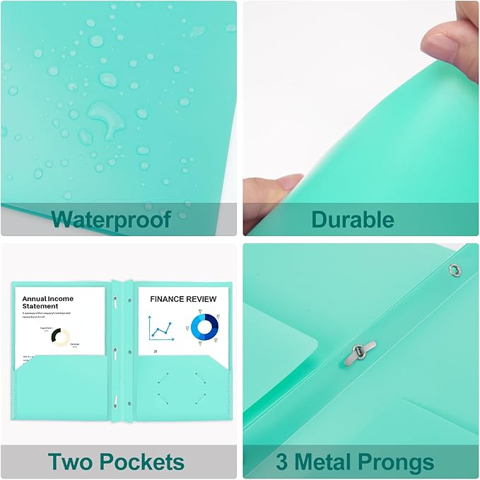 ViVin 12-Pack Pastel Color Folders, Durale Plastic Folders with Pockets and Prongs, 2 Pocket Letter Size Poly File Folders with 3-Prong Fasteners, Cute Folders for School, Home and Office(Light Green)