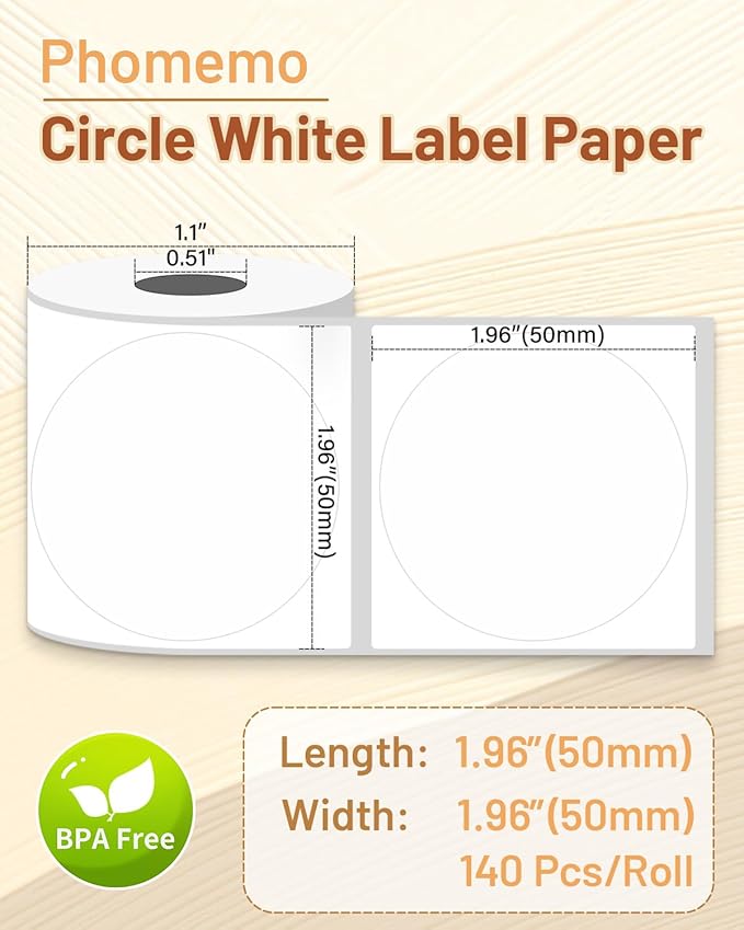 Phomemo Thermal Labels 1.96"x1.96"(50x50mm) for M110/M220/M221/M120/M250/M150, Multi-Purpose Self-Adhesive Tag for Barcode/Address/Logo/Mailing/Business/Home Tag,Black on White, 140 Labels/Roll