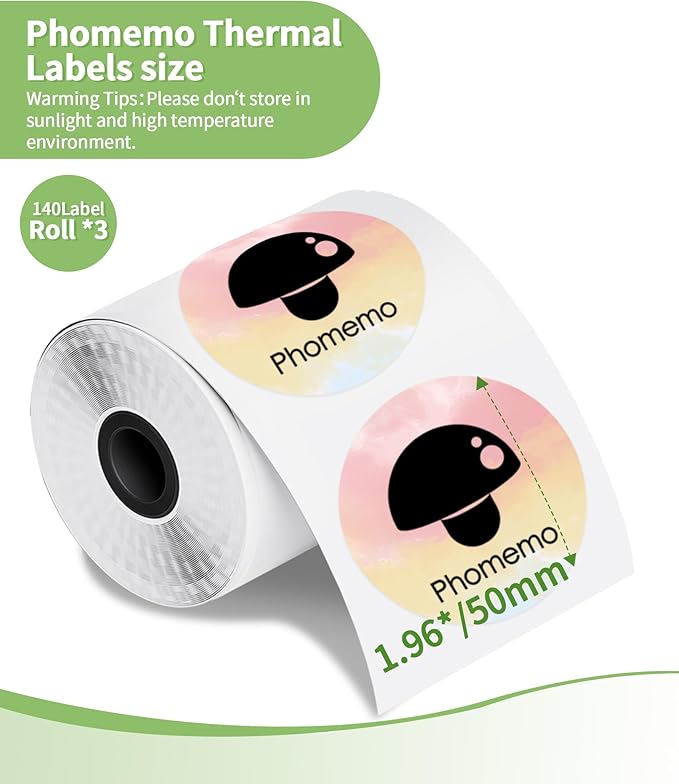 2 Inch Circle Thermal Label Sticker Compatible with Phomemo M110/M221/M220/M120/M200/M110S Label Printers,1.96" x 1.96"（50x50 mm）,Round Label Sticker for Gift/Mailing/Business/Home Tag,140labels/Roll