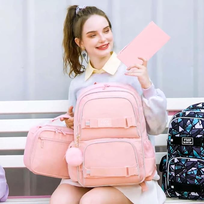 3PCS Laptop Backpack for Girls, 17" Water Resistant School Bag with Lunch Box, Cute Pink Bookbag Set for Women College Teenagers High Middle Elementary School