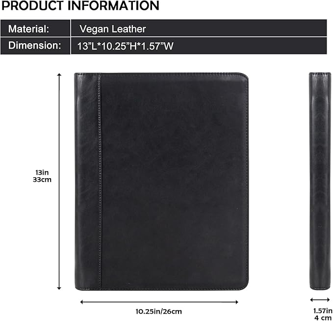 AZXCG Resume Portfolio,Zippered Padfolio Document Holder Business Folder Organizer, Faux Leather Matte Finish -Black (Customize)