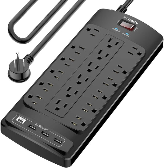 18 Outlets Surge Protector Power Strip - 10 Feet Flat Plug Heavy Duty Extension Cord with 18 Widely Outlets and 4 USB Ports, 2100 Joules, Black, ETL Listed