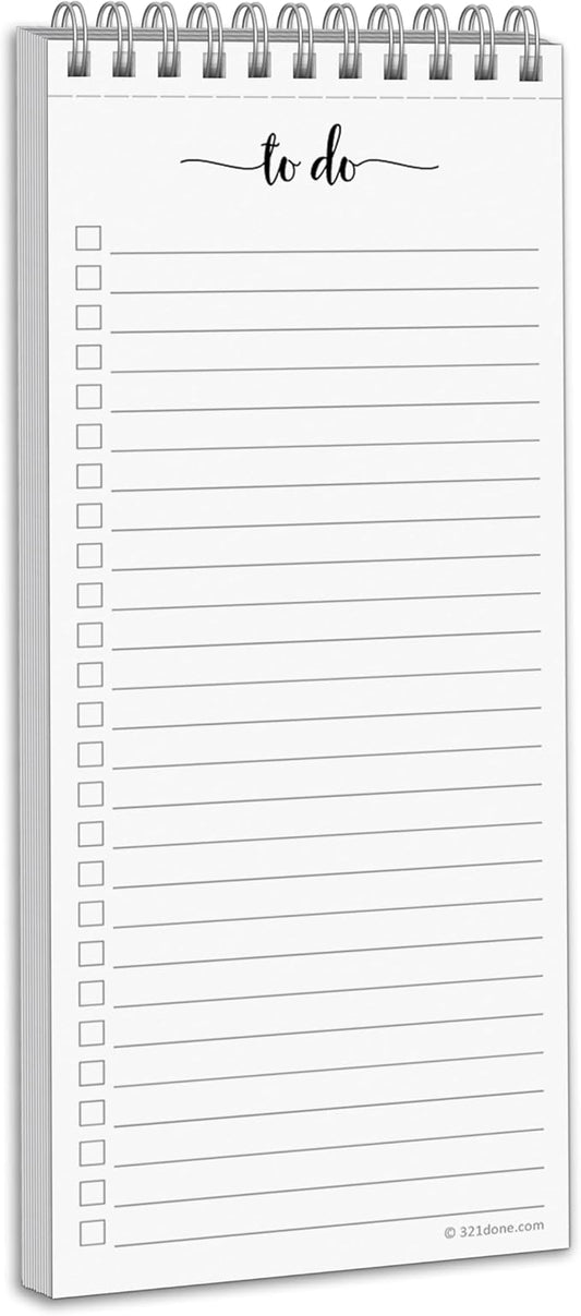 321Done Skinny to Do List Notepad, 3.7x8.5 Spiral - Made in USA, Undated Daily Checklist, Simple Stylish to-Dos Memo Pad for Planning, Tasks, Appointments, Reminders for Home, Office - 50 Sheets