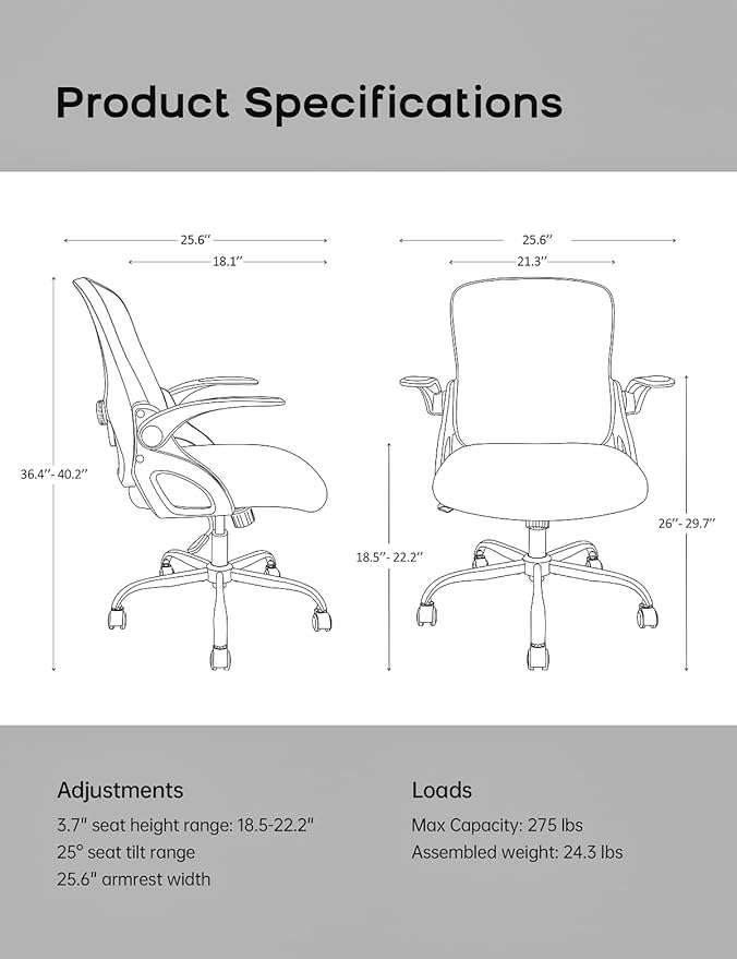 Mesh Office Chair Ergonomic Desk Chair with Up&Down Front&Rear 2 Dimensions Adjustable Lumbar Support and Flip-up Arm Rocking Comfy Swivel Computer Task Chair for Home Office(White-Gray)
