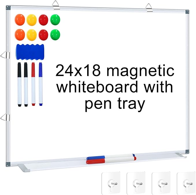 H-Qprobd Magnetic Whiteboard 24" x 18" Dry Erase White Board for Wall, Hanging Mounted Whiteboard with Aluminum Marker Tray