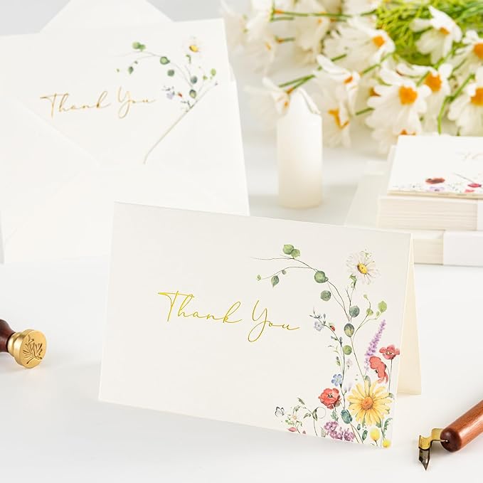 Crisky Floral 4 Assorted Thank You Cards (25 Pack) with Envelopes & Stickers Gold Foil Greeting Cards Bulk, Watercolor Wildflower for Birthday, Baby Shower, Wedding, Graduation