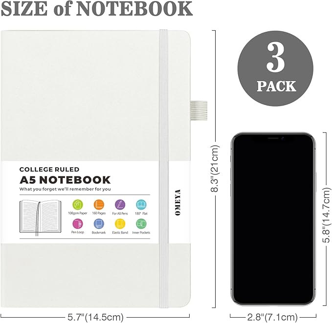 Lined Journal Notebook, 3 Pack A5 College Ruled Notebooks for Work, Hardcover Notebook Each with 2 Pockets & Pen, Leather Journal for Women, Men, 160 Pages, 100GSM Thick Paper ( White 5.7" x 8.3" )