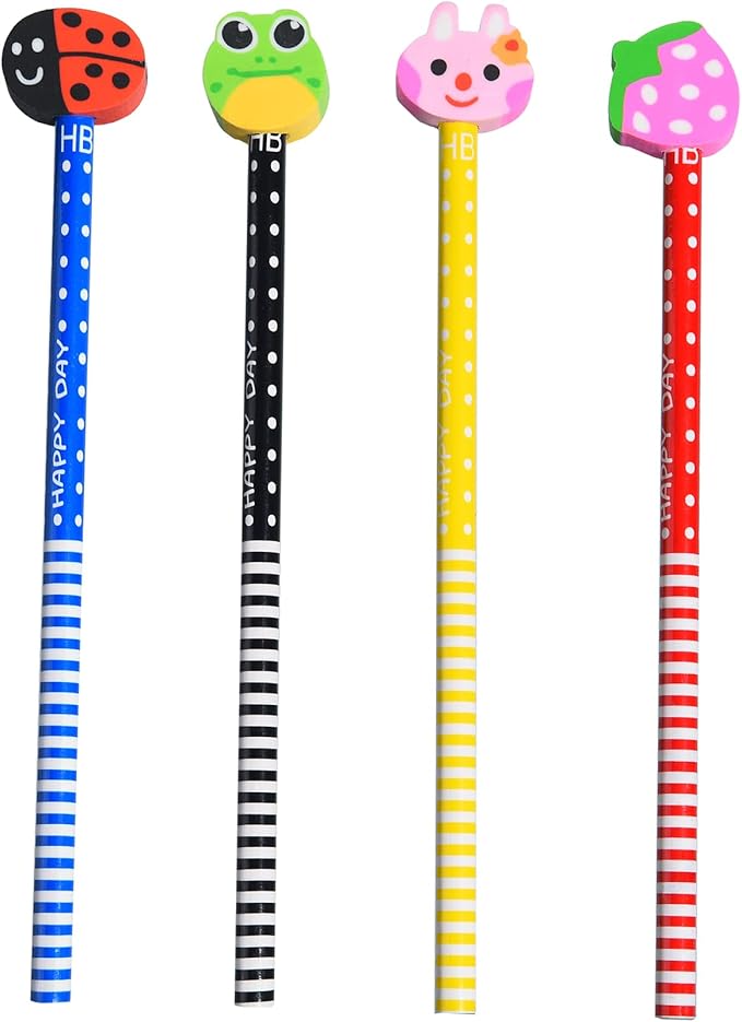 28PCS Fun Cute Pencils for Kids,Colorful Stripe Pencils with Assorted Fruit Animal Erasers Toppers,Pencils and Erasers Set for School Office Classroom Supplies Students Children
