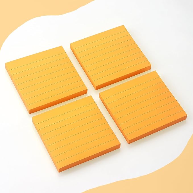 Lined Sticky Notes 3x3 Sticky Notes with Lines Self-Stick Notes Bright Color 4 Pads 90 Sheets/Pad (Orange)