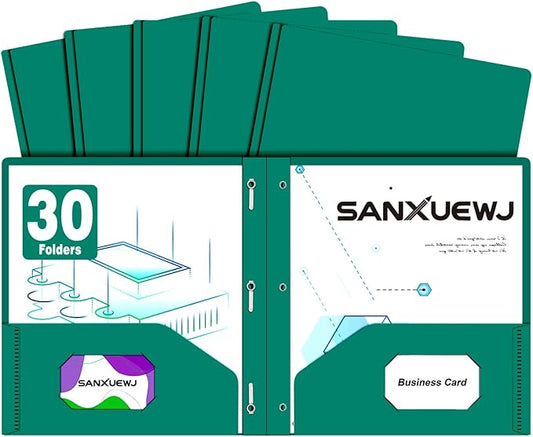 Folders with Pockets,SANXUEWJ 30 Pack Two Pocket Folders Business Card Holder Plastic Folders with Prongs for School Office Filing Cabinet Resume Portfolio (Green)