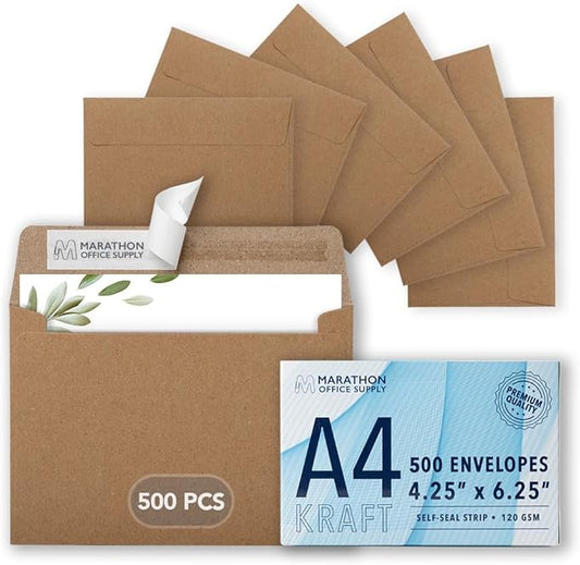 MOS A4 Invitation Envelopes – 4-1/4" x 6-1/4" Kraft Mailing Envelopes Self Seal (500 Count) – 120GSM/ 32LB Bond Heavy Duty – For Greeting Cards, Card Making, RSVP Cards, Wedding Invites