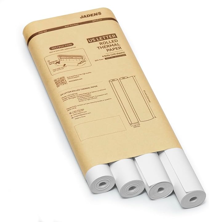 JADENS US Letter Size Quick-Dry Thermal Printer Paper 8.5''x11'', 4 Rolls, Compatible with Gloryang & JADENS PD-A4 Portable Printer