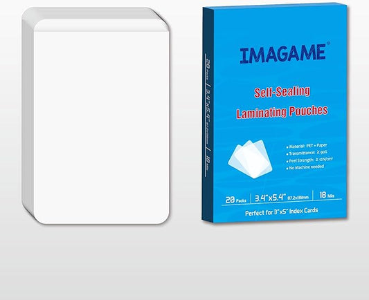 Self-Sealing Laminating Pouches, 3.4" x 5.4'', 18mil, 20 Pack, Easy-to-Use, No Machine Needed, Preserve Photos, 3" x 5" Index Cards, Durable, Waterproof, Ideal for Home, Office & School Use