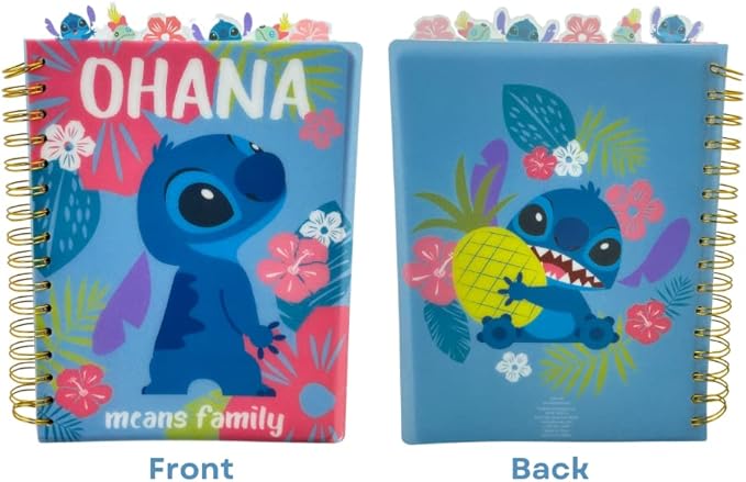 Innovative Designs Disney Stitch Tab Journal Notebook Ohana Spiral Bound, 144 Lined Pages, 8 x 7 inches, Blue