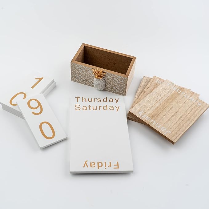 Notakia Vintage Wood Block Perpetual Calendar Month Week Date Display for Home Office Desk Rustic Decoration, Brown pineapple