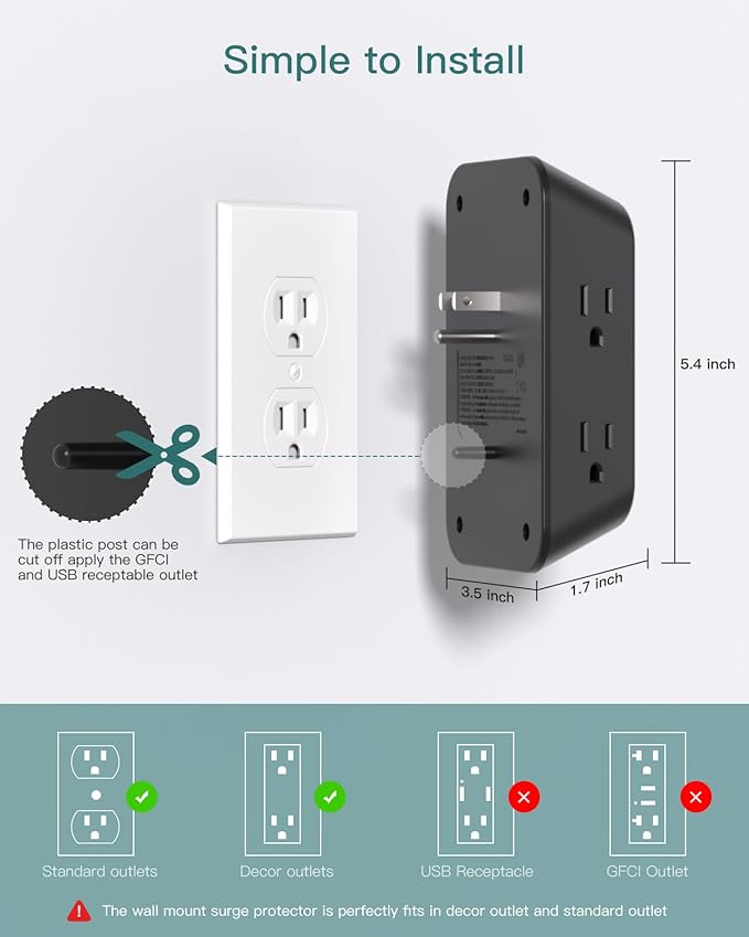 Surge Protector Outlet Extender, Addtam Multi Plug Wall Outlet with 4 USB Ports(1 USB-C), 3-Sided 1800J Power Strip Plug Extension Outlet Splitter, Black