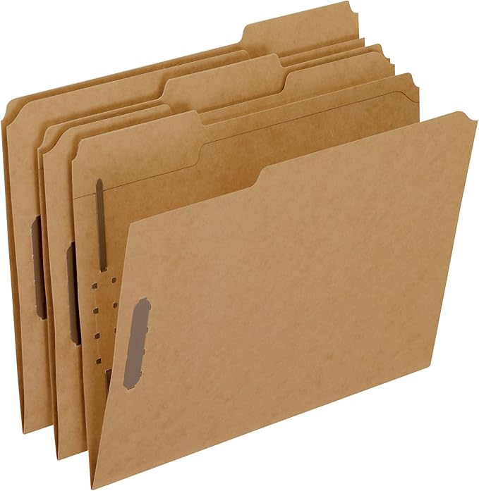 Pendaflex Fastener Folders, 2 Fasteners, Letter Size, Kraft, 1/3 Cut Tabs, in Left, Right, Center Positions, 50 Per Box (FK212),Brown