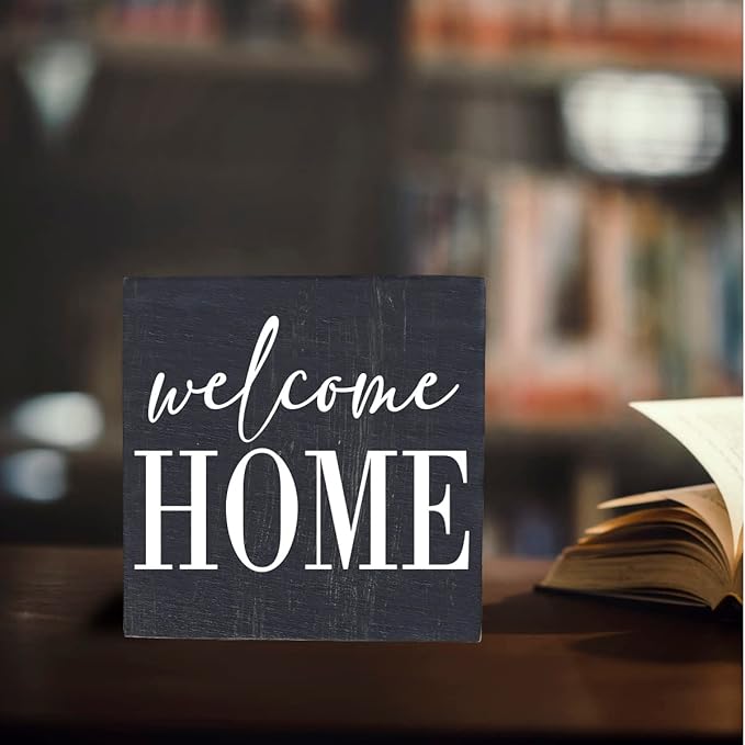 Welcome Home Sign Home Decor Desk Decor Wooden Box Sign Rustic Black Wood Block Plaque Box Sign for Women Family Friends Farmhouse Living Room Kitchen Bedroom Shelf Table Decoration