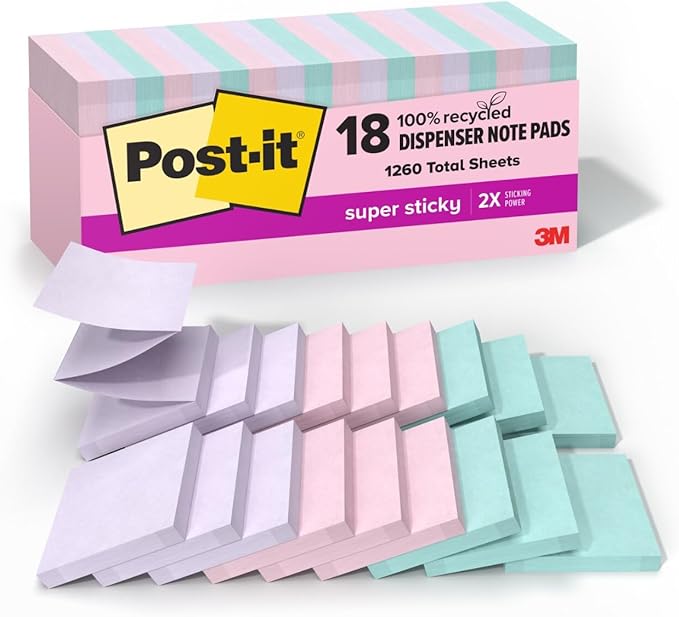 Post-it 100% Recycled Paper Super Sticky Pop-up Notes, 18 Sticky Note Pads, 3 in. x 3 in., Sticky Notes for Vertical Surfaces, Monitors, Walls and Windows, Wanderlust Pastels Collection