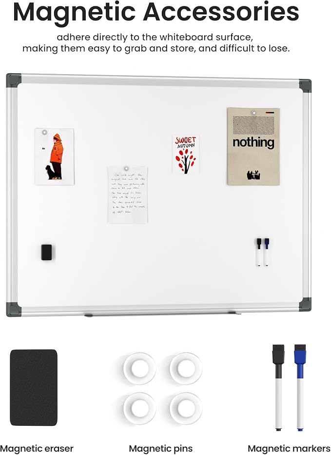 VUSIGN 2PCS Magnetic White Board Hanging 36" x 48" for Office, Class, Home, Sliver Aluminum Frame, 2 Dry-Erase Eraser, 4 Multicolor Marker, 8 Magnetic Pins