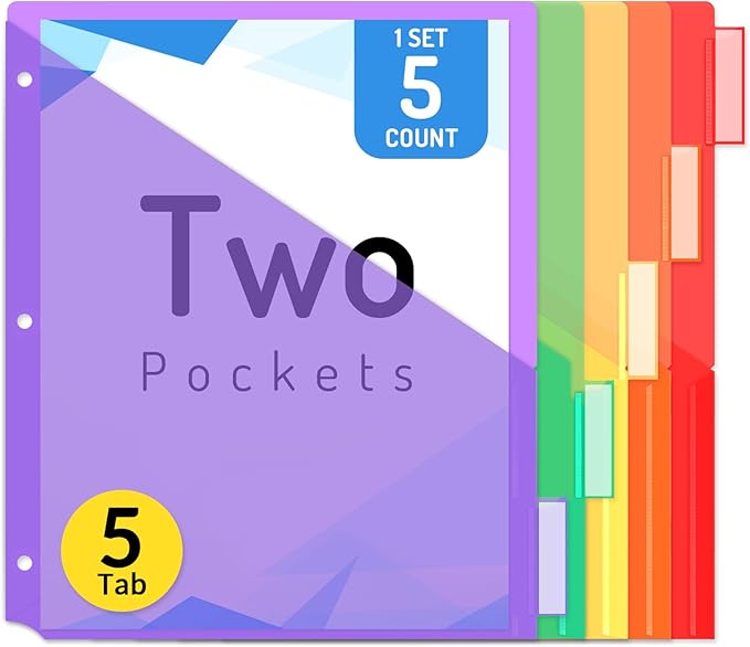 Forvencer 5 Count Dividers with Pockets, 5 Tab Dividers for 3 Ring Binder with Pockets, Subject Dividers with Pockets, Premium Quality Notebook Dividers with Pockets, Multicolor, 1 Set