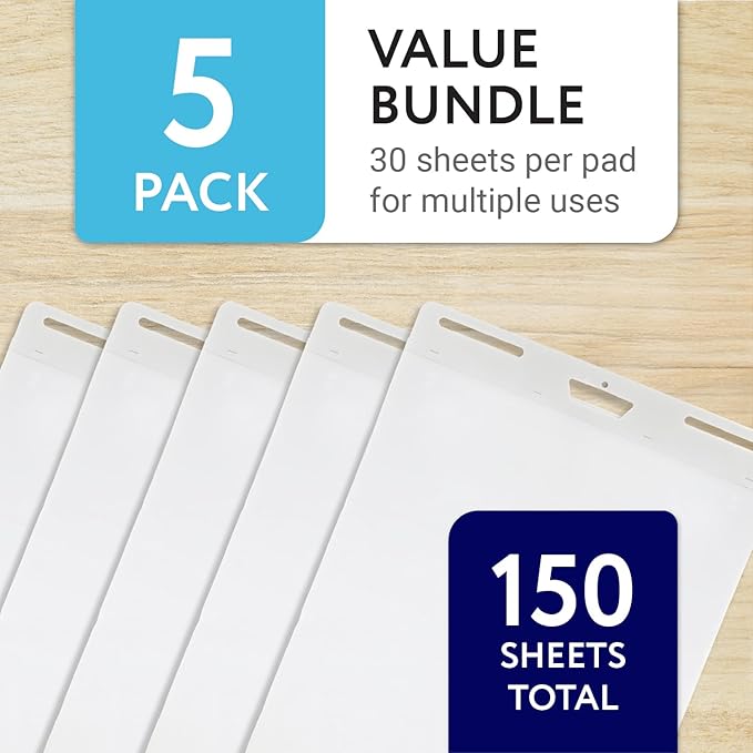 IMPRESA Large Sticky Easel Pads - 5 Pack (30 Sheets Per Pad) - Flip Charts for Classroom and Office - Sticks onto Walls and Whiteboards - White Premium Paper - No Residue (150 Sheets Total)