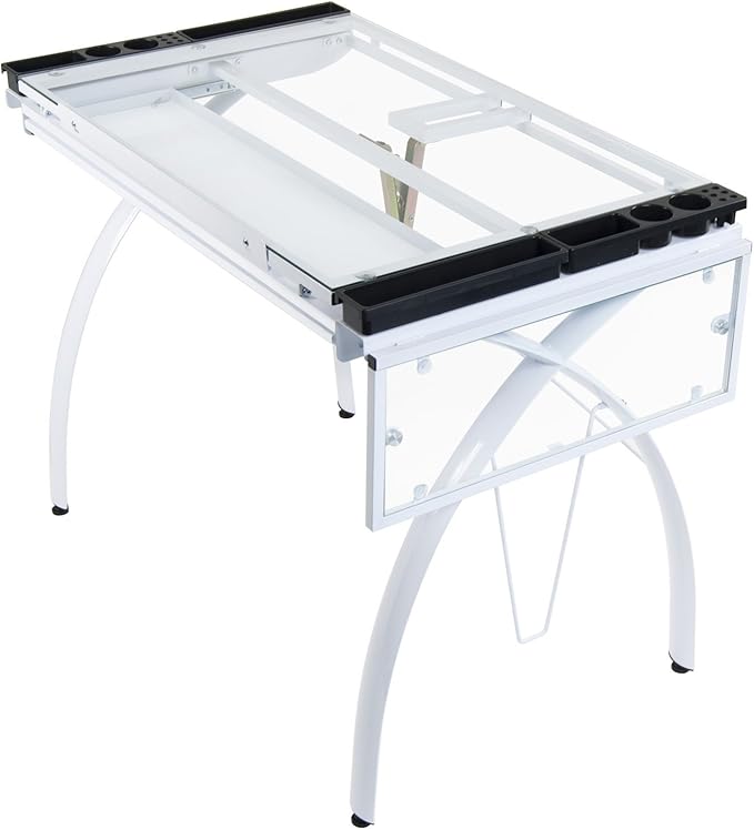SD Studio Designs 10096 Futura Station with Folding Shelf Top Adjustable Drafting Craft Drawing Hobby Table Writing Studio Desk with Drawer, 35.5'' W x 23.75'' D, White/Clear Glass