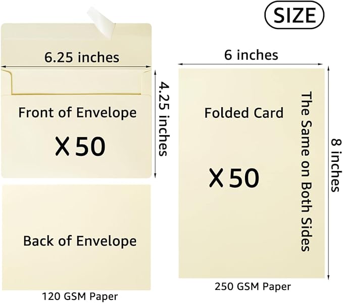 Wishop 50 Pack Self-Adhesive Envelopes with Fold Cards for Wedding Invitations, Greeting Cards, Baby Shower, Letter Mailing (Cream Color, 4x6)